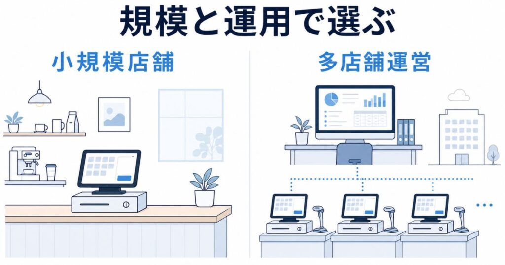 エアレジが向いている小規模店舗のレジ周りと向いていない多店舗運営のバックヤードの対比