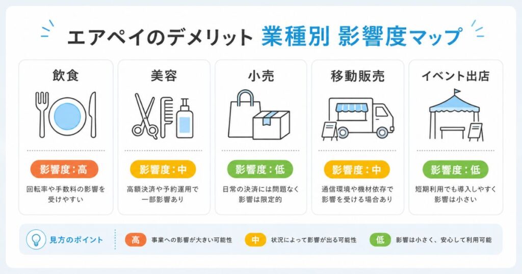 エアペイのデメリットが業種別にどの程度影響するかを示した影響度マップ