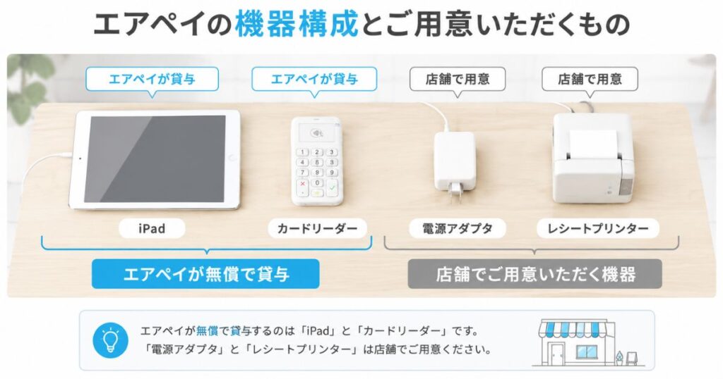 エアペイの無償貸与のカードリーダーと店舗側で用意する機器の区分を示したレジまわりの図