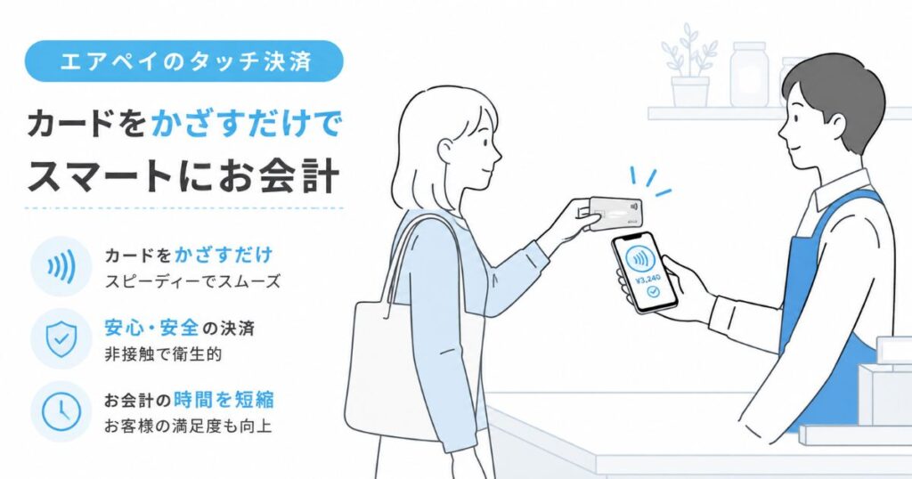 エアペイのタッチ決済でお客様にiPhoneを提示しカードをかざしてもらう場面