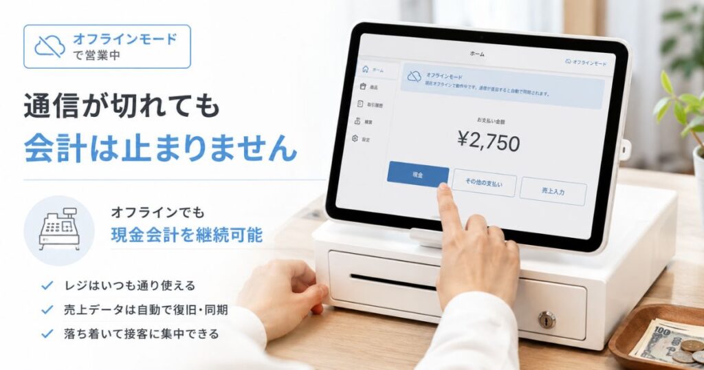 オフラインモードになったエアレジのホーム画面で現金会計を続けている様子