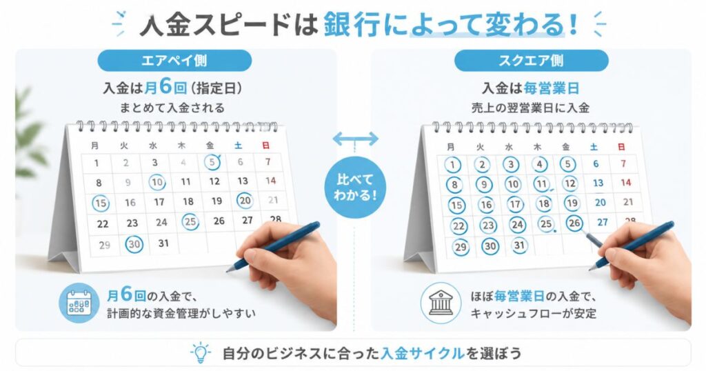 エアレジとスクエアの入金サイクルの違いを取引銀行別に比較するイメージ