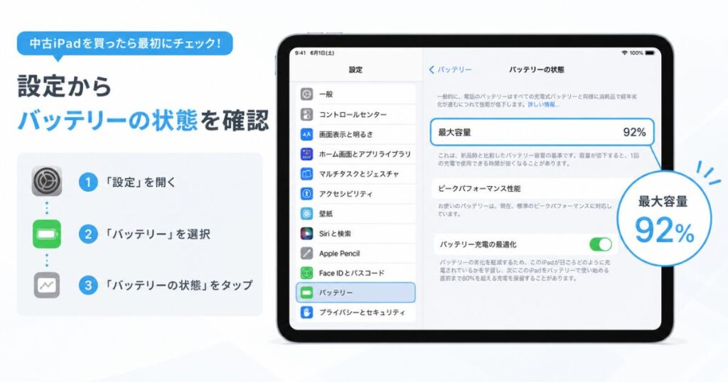 中古のiPadでバッテリーの最大容量を表示した設定画面