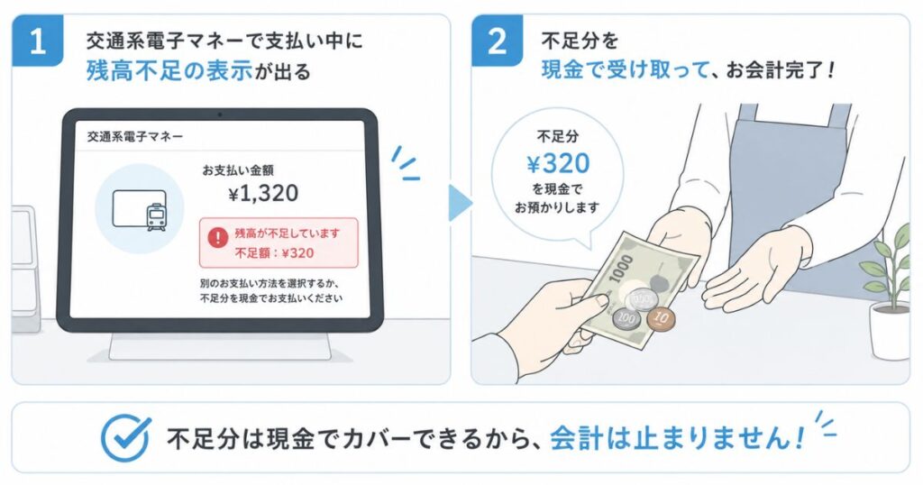 エアペイの交通系電子マネーで残高不足になったときに不足分を現金で受け取る会計の流れ
