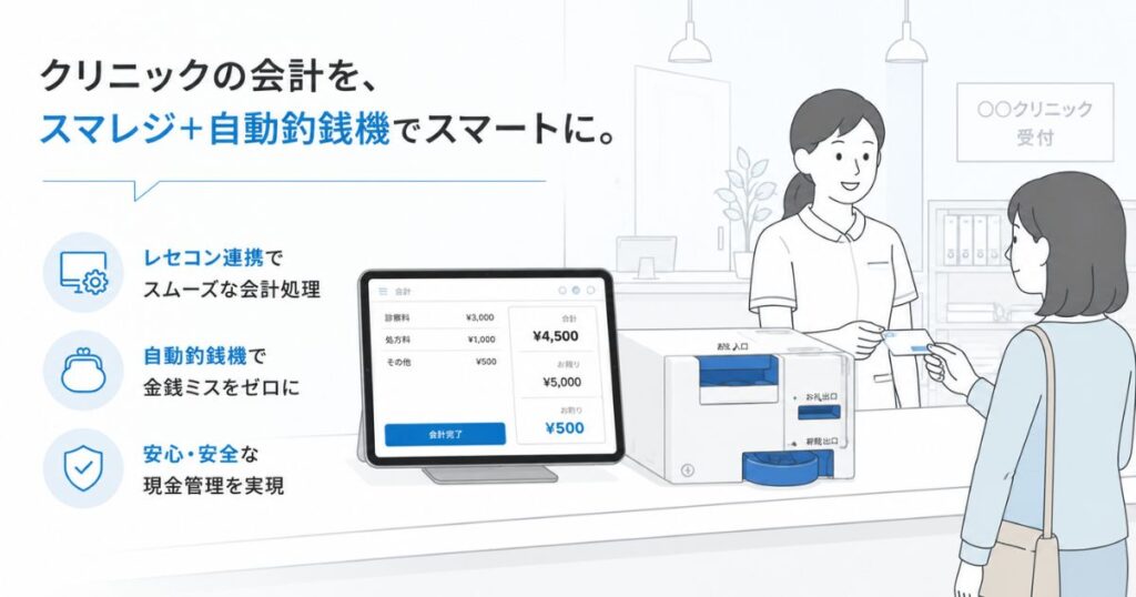 クリニックの受付に設置したスマレジのiPadと自動釣銭機によるレセコン連携の会計風景