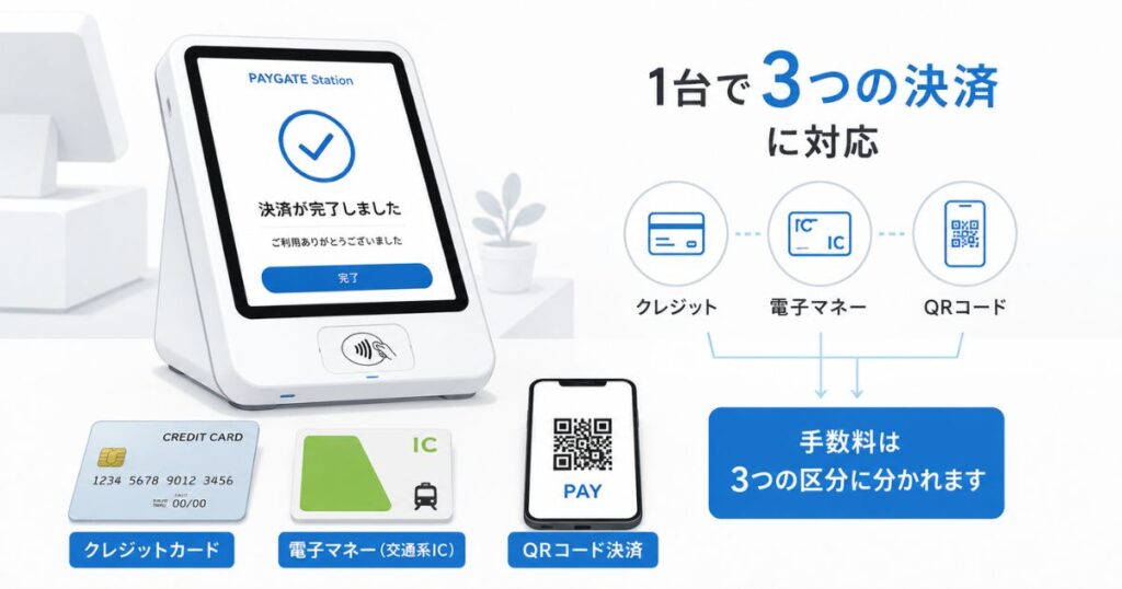 スマレジのPAYGATE端末でクレジットカードと電子マネーとQRコード決済に対応している様子