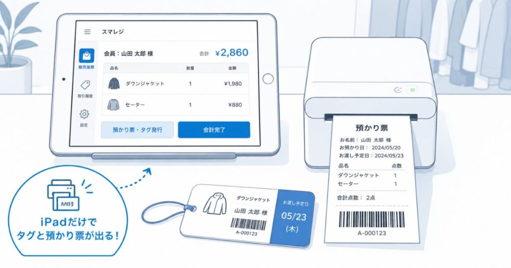 スマレジとCleeeanでタグ管理と預かり票発行を行うクリーニング店の受付カウンター