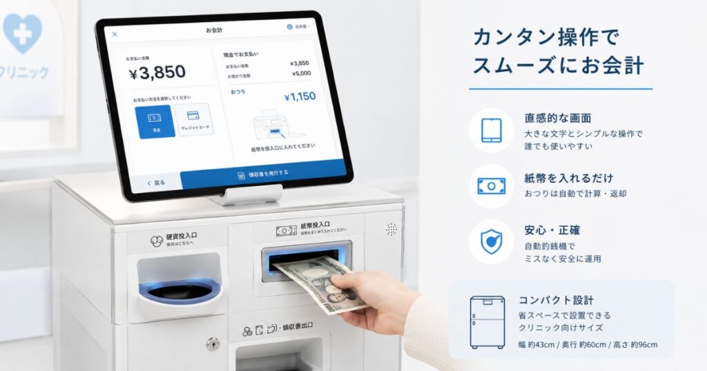 スマレジの精算機アプリと自動釣銭機を組み合わせたクリニック向け自動精算機の操作画面