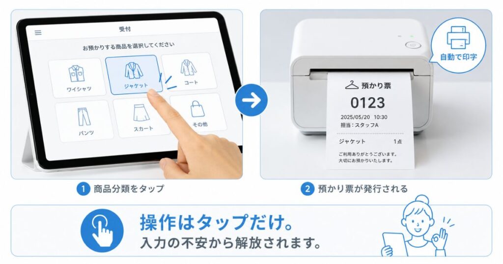 クリーニング店の受付で商品分類をタップして預かり票を発行するスマレジの操作画面