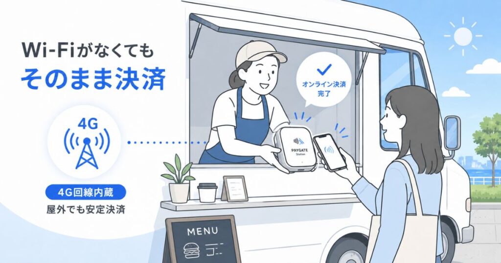 4G回線のPAYGATEで移動販売のオンライン決済を受けているキッチンカー