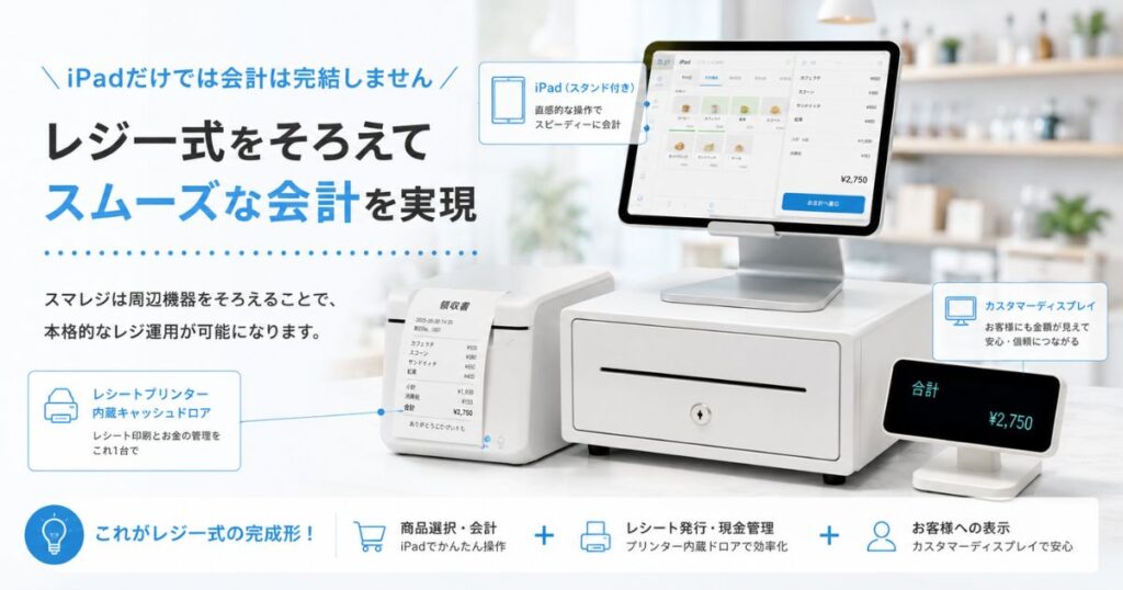 スマレジ用iPadとレシートプリンターやスタンドをそろえたレジ一式の設置例