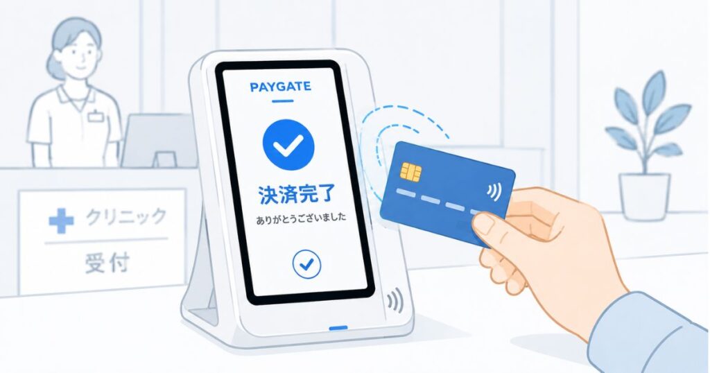 クリニックの受付でPAYGATEのマルチ決済端末を使ってクレジットカード決済を行う場面