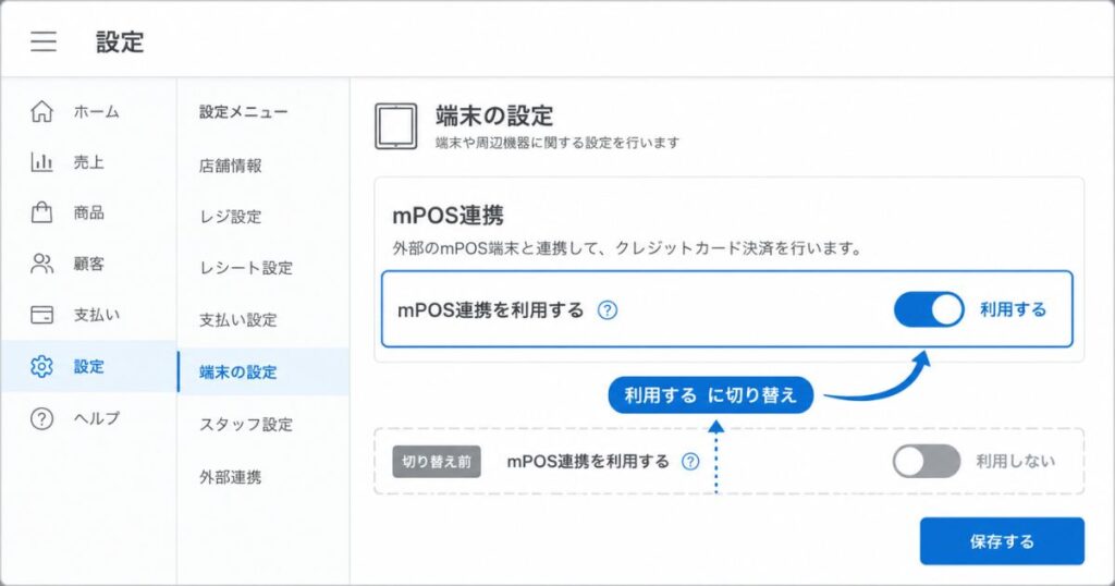 スマレジ管理画面でmPOS連携を利用する設定に切り替える手順の画面