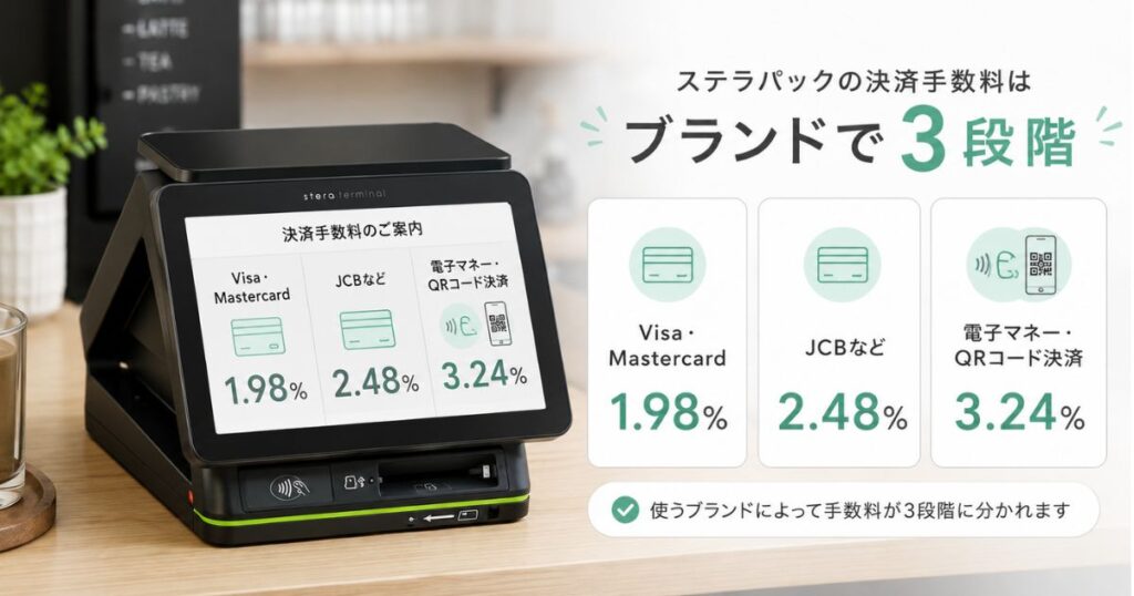 ステラパックの決済手数料がVisa・Mastercard1.98％、JCB2.48％、電子マネーとQRコード決済3.24％に分かれる料率の図