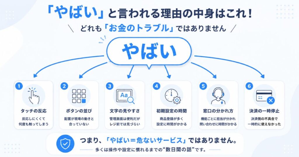 スマレジがやばいと言われる評判・口コミの中身を6つに分解した図