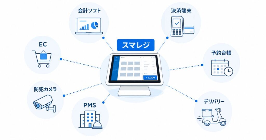 スマレジの連携サービスをジャンル別につないだ全体像の図