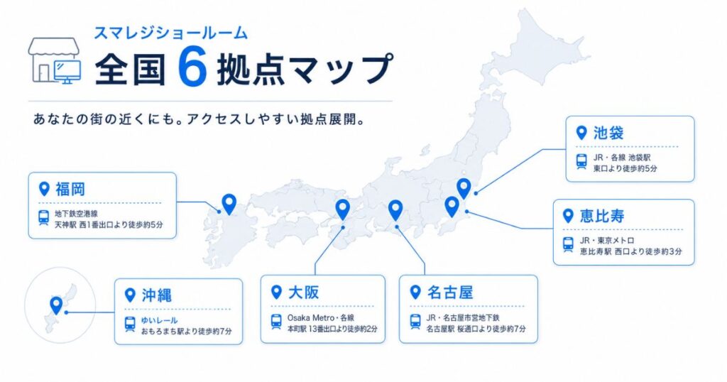 スマレジショールームの全国拠点マップ 東京の恵比寿と池袋から大阪 名古屋 福岡 沖縄までの所在地
