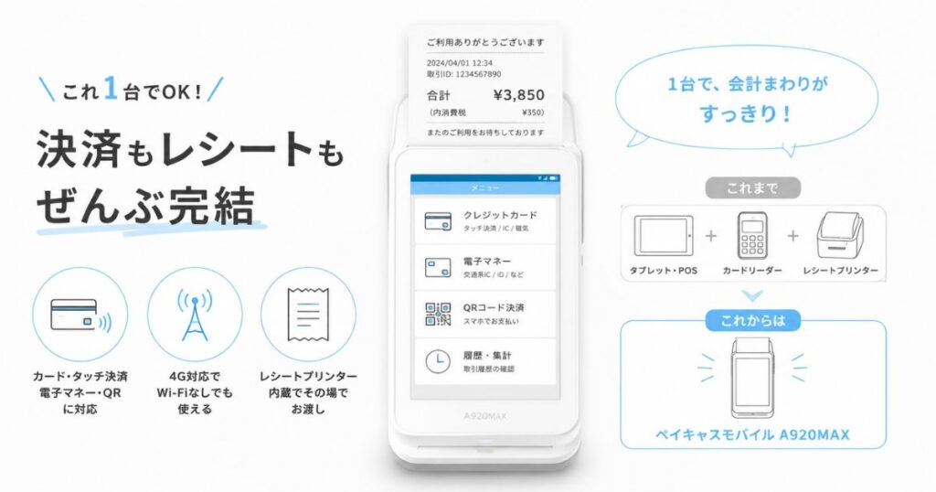 ペイキャスモバイルA920の端末本体とレシートプリンター内蔵の様子