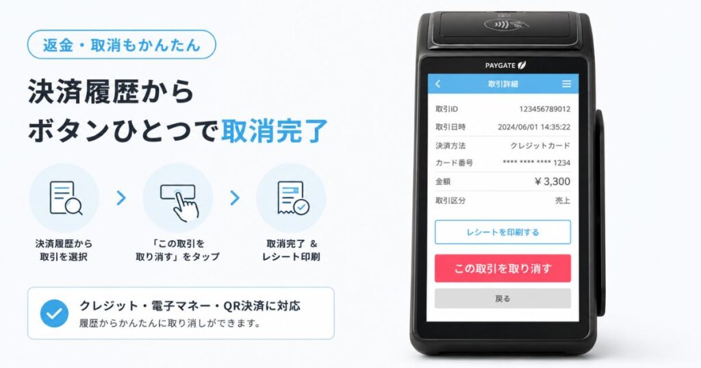 PAYGATE Stationの決済履歴から売上取消を行なう画面