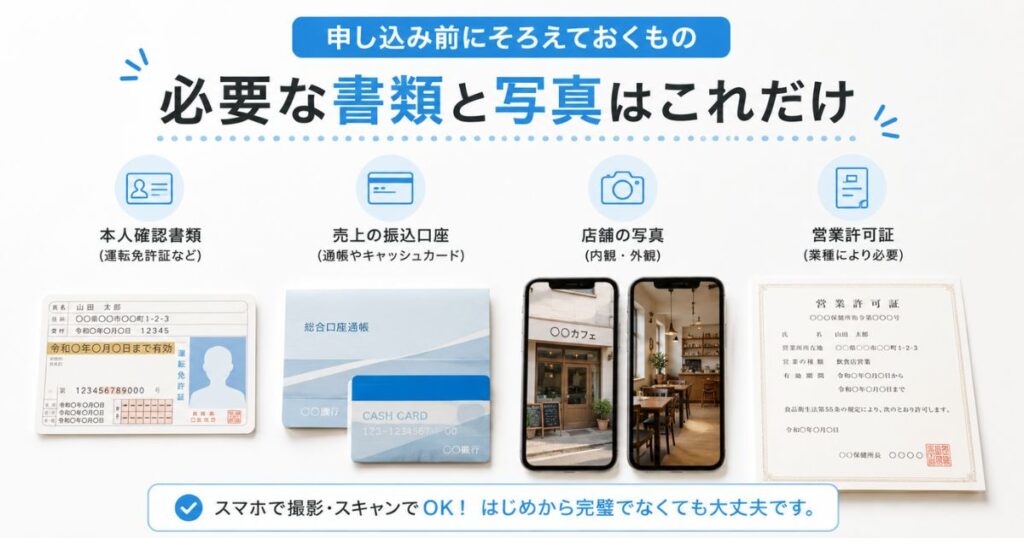 ペイキャスモバイルの申し込みに必要な書類と店舗写真の準備イメージ