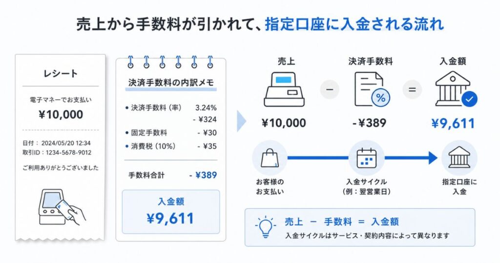 スマレジの電子マネー連携で発生する決済手数料と入金サイクルの流れを示した図解