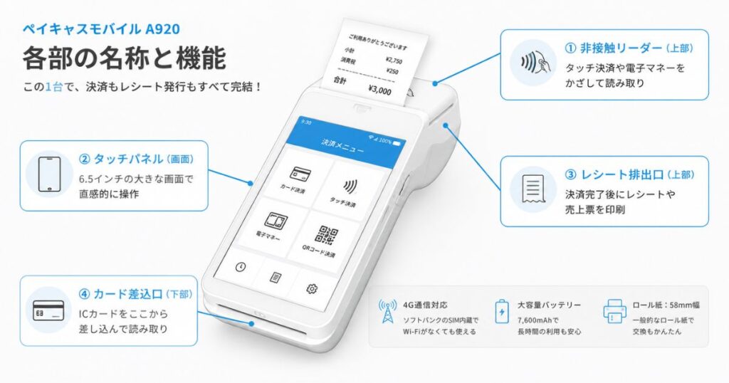 ペイキャスモバイルA920のバッテリーやリーダーなど各部のスペック