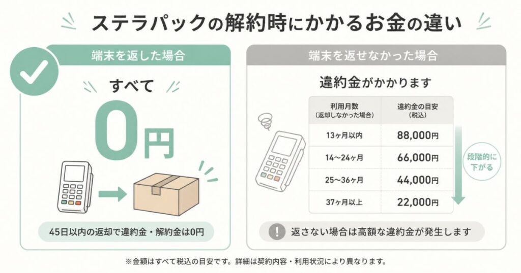 ステラパックの解約時に端末を返した場合と返せなかった場合の違約金を比べた対比図