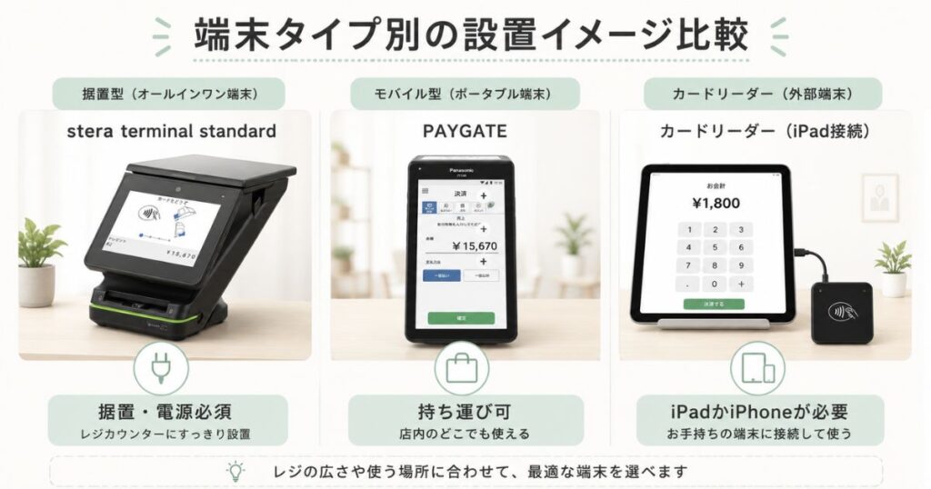 ステラパックの据置型端末とPAYGATEのモバイル端末とAirペイのカードリーダーを並べた比較