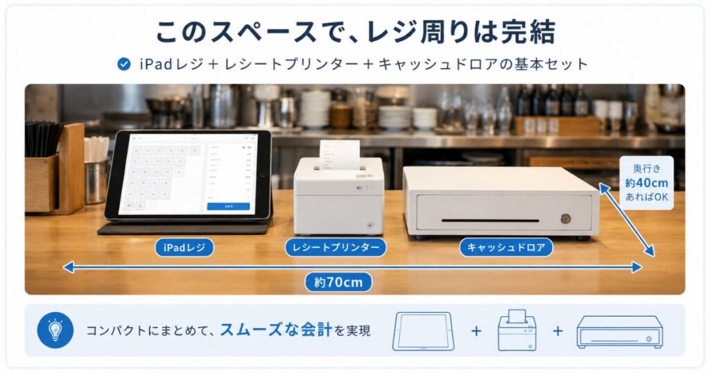 飲食店のカウンターに設置したスマレジのiPadレジとレシートプリンターとキャッシュドロア