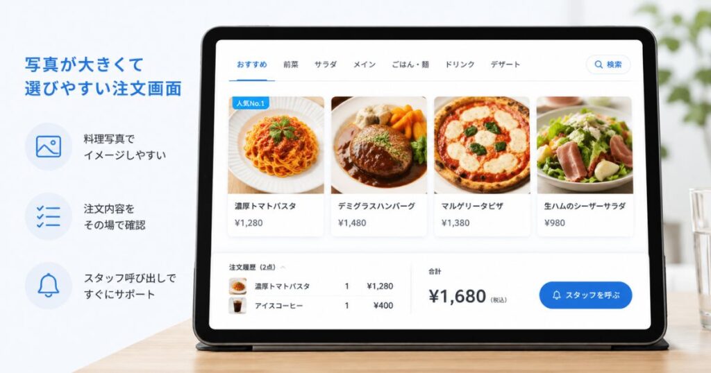 スマレジのテーブルオーダーで料理写真と合計金額が表示された注文画面