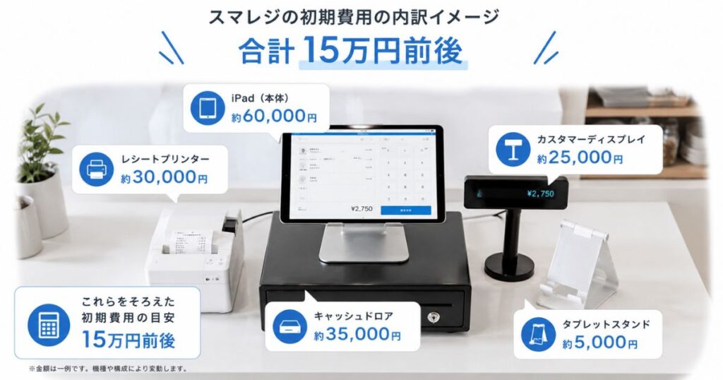 スマレジの初期費用にあたるレジ一式の周辺機器を並べて金額を添えた構成写真