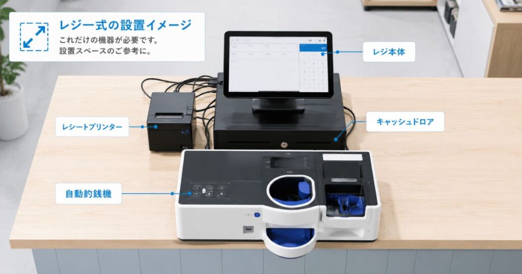 スマレジショールームに展示されたPOSレジ本体と自動釣銭機やレシートプリンターの周辺機器