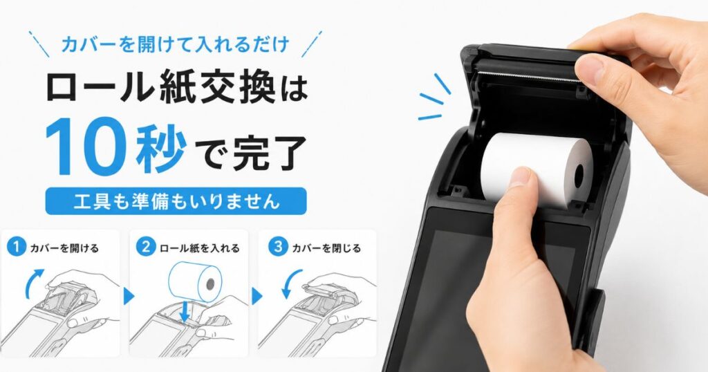 PAYGATEのロール紙をカバーを開けて交換している手元の写真