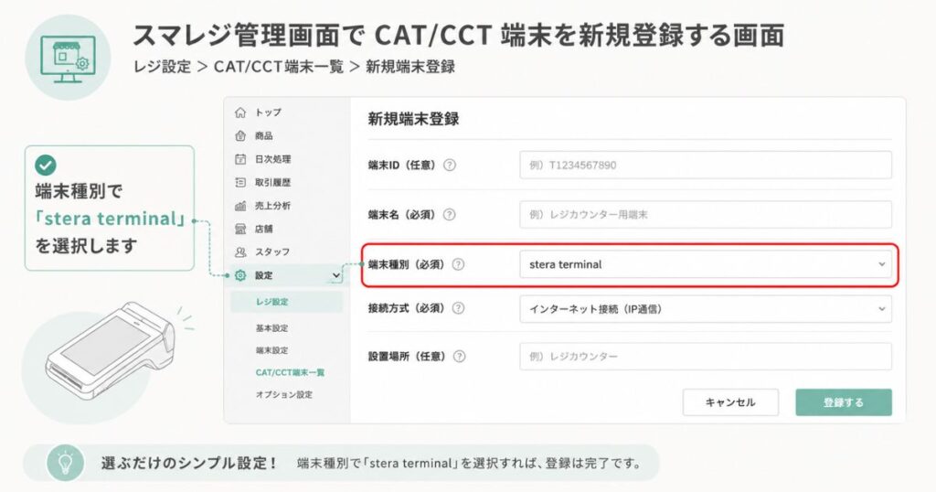 スマレジ連携でステラパックの決済端末を新規登録する管理画面