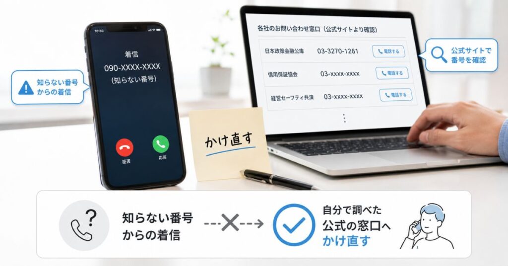 知らない番号からの着信に折り返さず、自分で調べた窓口にかけ直す様子