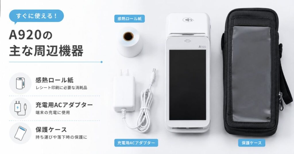 ペイキャスモバイルA920の充電器やロール紙などの周辺機器