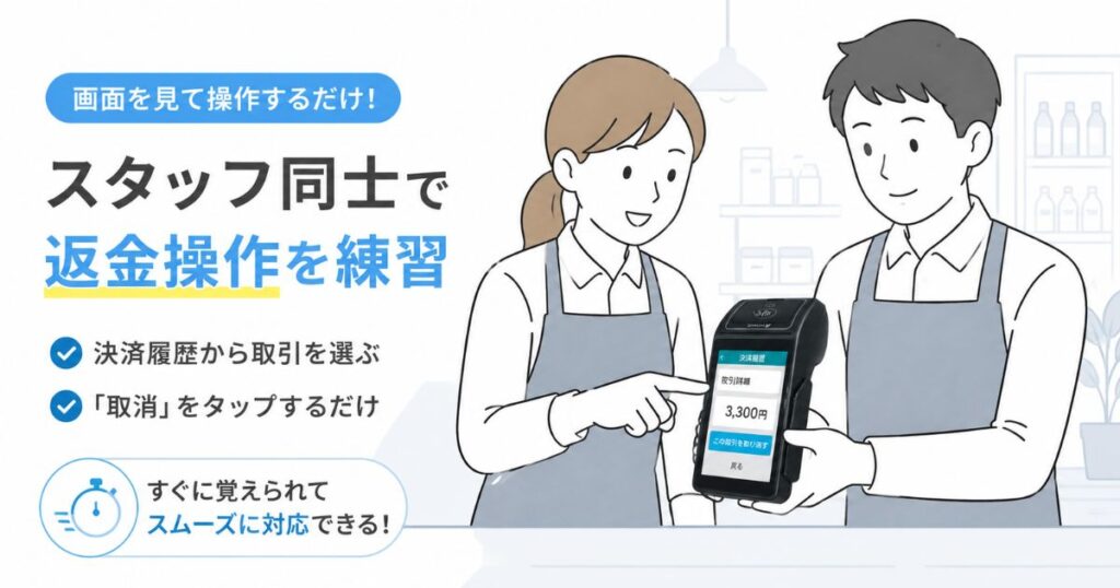 PAYGATEの端末で返金の操作方法をスタッフが練習している様子