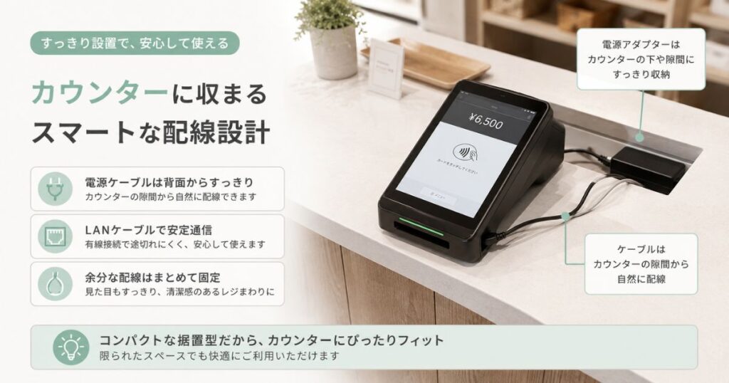 レジカウンターに設置したステラパックの決済端末と電源まわりの配線イメージ