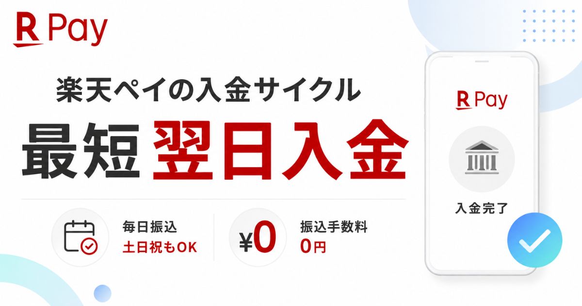 楽天ペイの入金サイクルは楽天銀行なら翌日入金!振込手数料0円で土日祝も締め日待ちなし