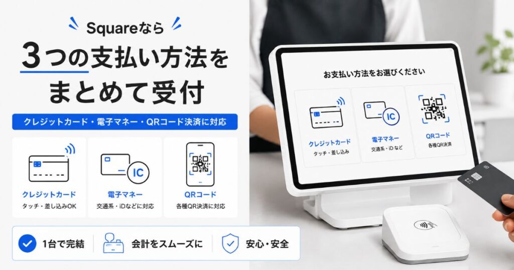 Squareの決済方法の一覧が表示された決済端末のお会計画面