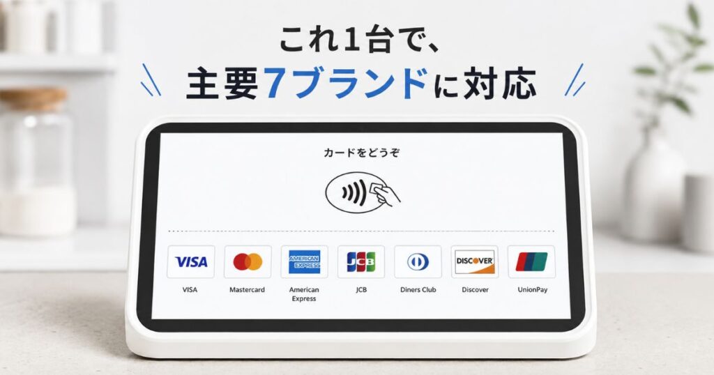 Squareのカード決済で使える7つのクレジットカードブランドが並んだ決済端末の画面
