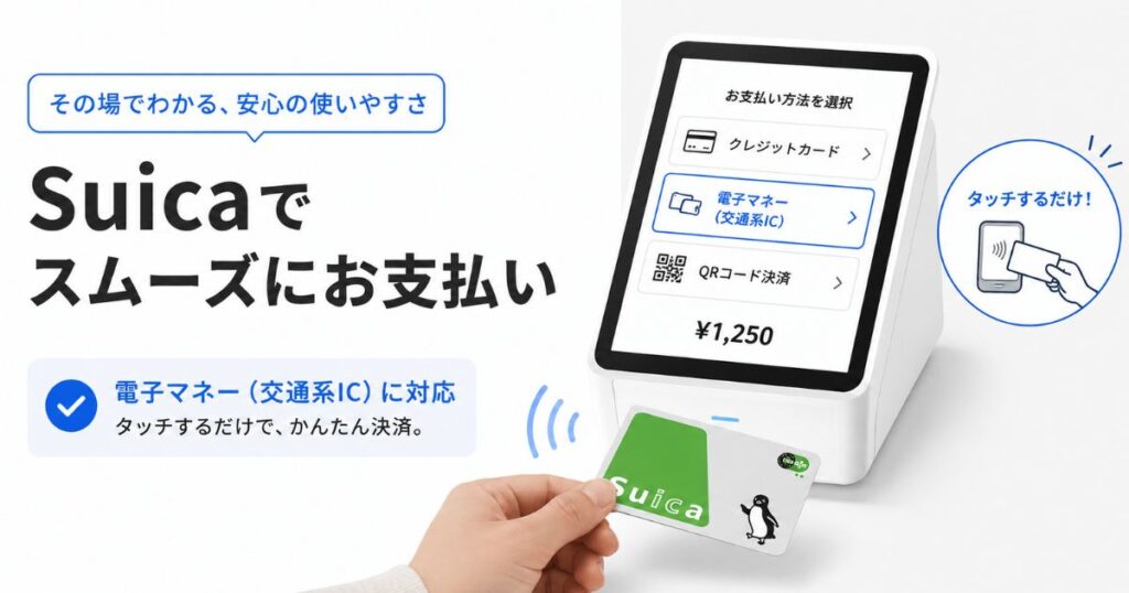 Squareの決済端末に交通系ICカードをタッチして電子マネー決済をしている様子