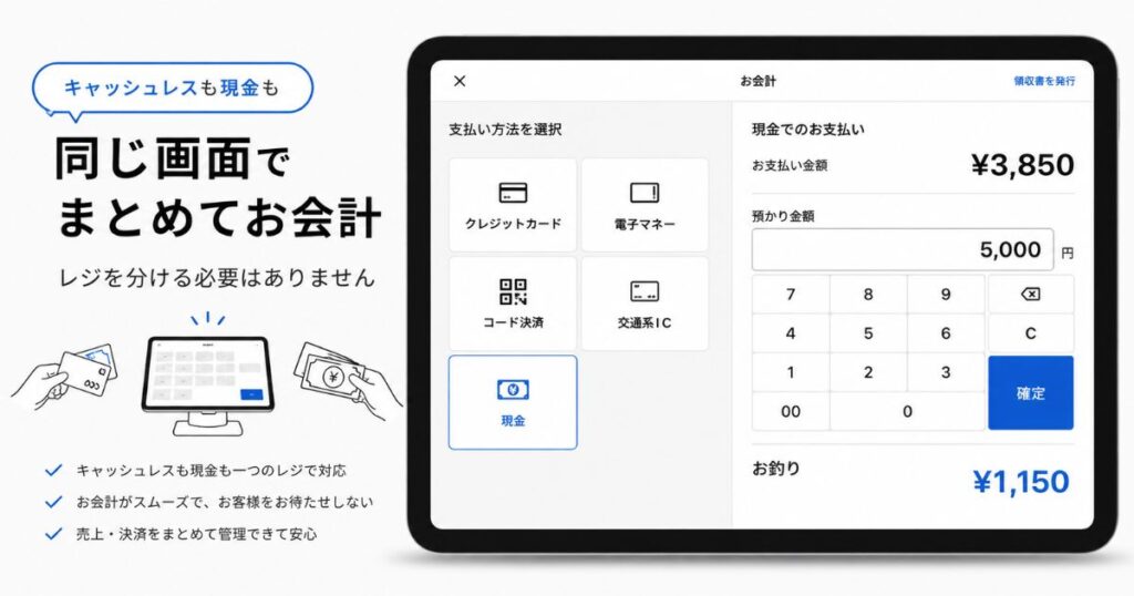 Square POSレジのお会計画面で現金決済を選んで預かり金額を入力しているところ