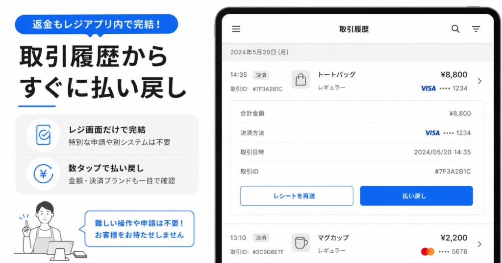 Square POSレジアプリの取引履歴から払い戻しを選ぶ画面