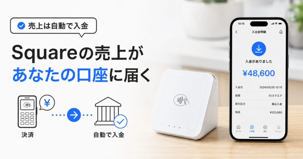 Squareの銀行振込で売上が登録口座に入金された通知画面と決済端末