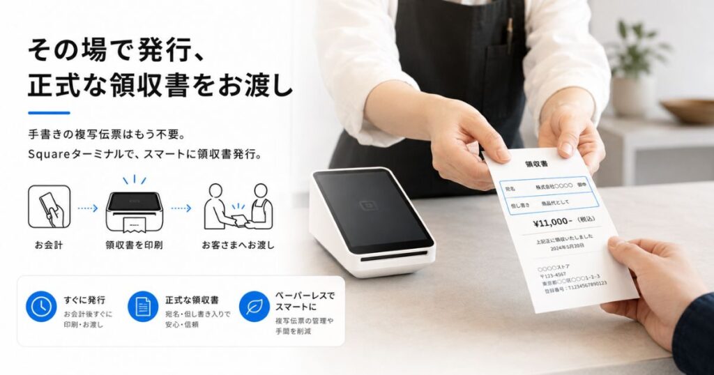 Squareの領収書をターミナルで印刷してお客さまに手渡している様子