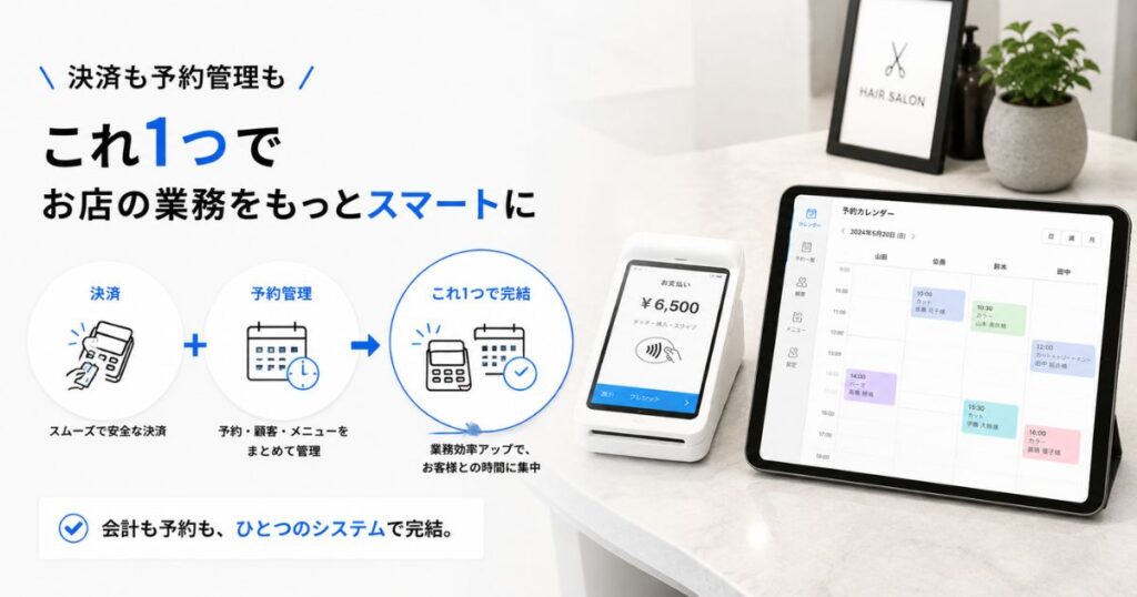 美容室のカウンターでSquareの決済端末と予約管理画面をまとめて使っている様子