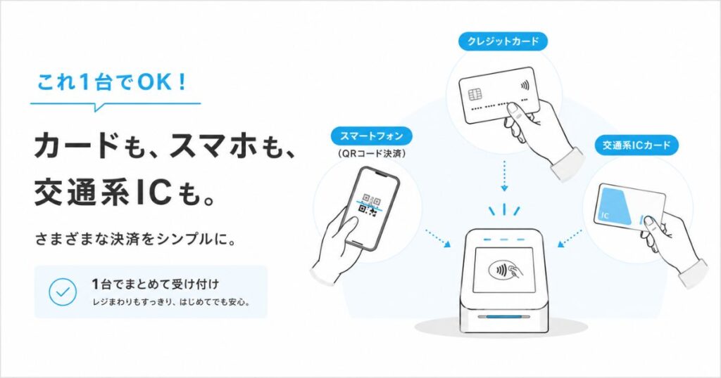 STORESのキャッシュレス決済でクレジットカードと電子マネーとQRコード決済を1台の端末で受け付けている様子