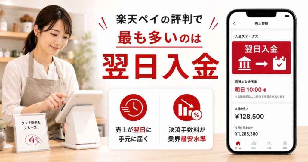 楽天ペイの評判で最も多い翌日入金と決済手数料の安さを表したイメージ