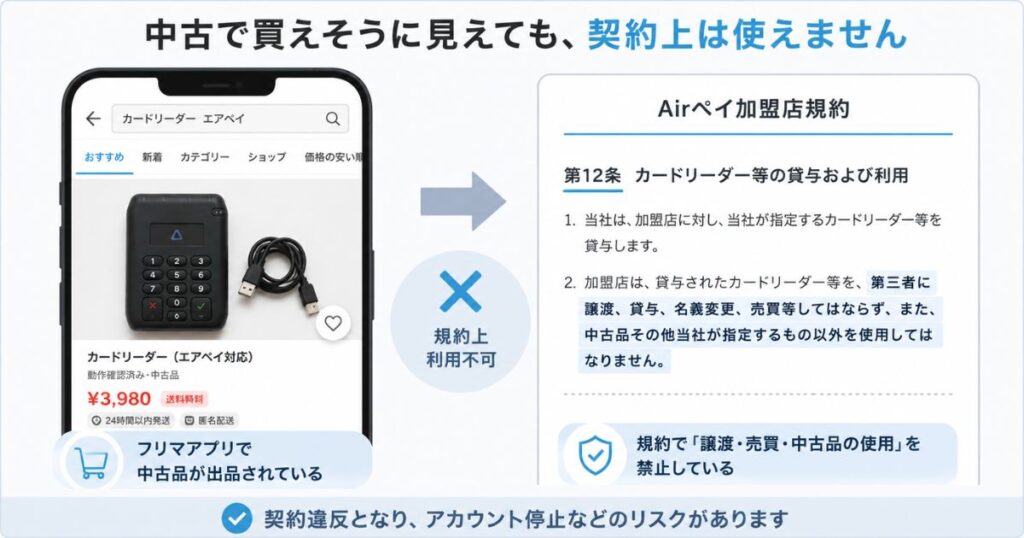 メルカリに出品されたエアペイのカードリーダーと加盟店規約の条文を並べた比較